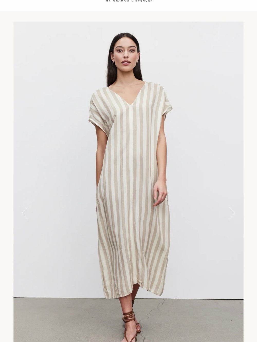 Velvet by Graham & Spencer Striped V-Neck Linen Midi Dress - Beige & White NWT